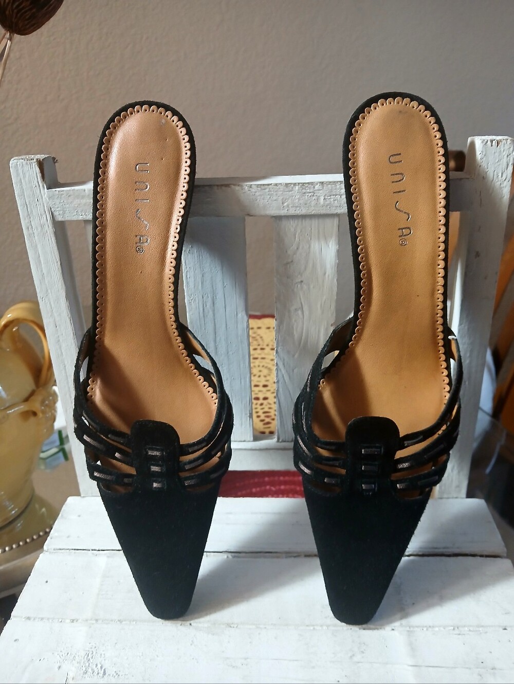 Unisa Black Pointed Toe Slip-On Mules with Strappy Upper